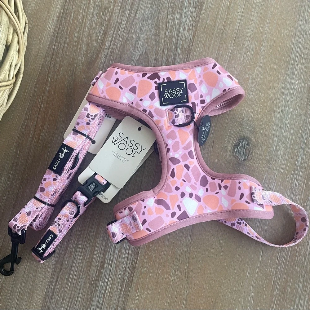 Size SMALL Sassy Woof Pink Mosaic Dog Harness, Collar & Leash Set